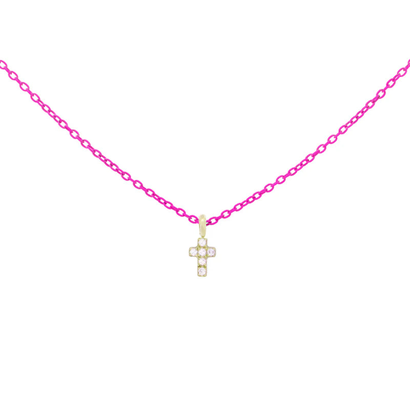 GIROCOLLO SMALTO FUCSIA FLUO CON CROCE ORO E DIAMANTI LAB. - Tangredi Gioielleria