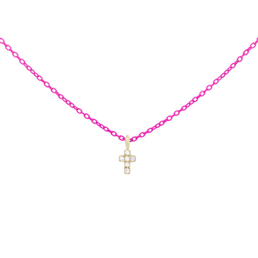 GIROCOLLO SMALTO FUCSIA FLUO CON CROCE ORO E DIAMANTI LAB. - Tangredi Gioielleria