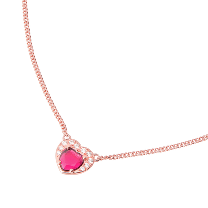 COLLANA CUORE ORO ROSA CON RUBINO SINTETICO E DIAMANTI - Tangredi Gioielleria