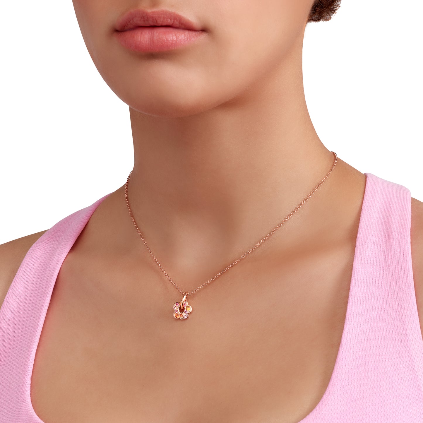 CIONDOLO FIORE ORO ROSA CON ZAFFIRI ROSA E ARANCIO - Tangredi Gioielleria