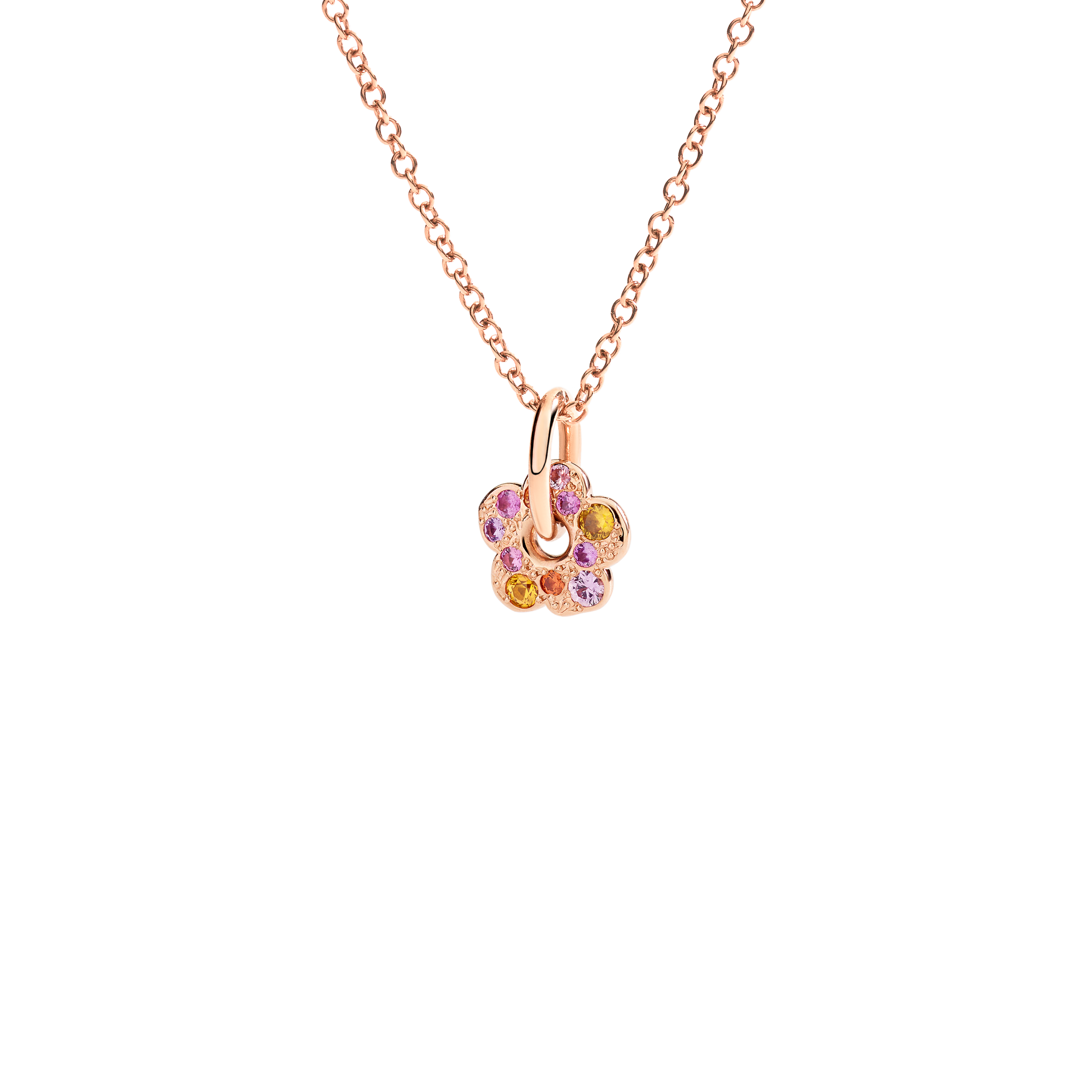 CIONDOLO FIORE ORO ROSA CON ZAFFIRI ROSA E ARANCIO - Tangredi Gioielleria