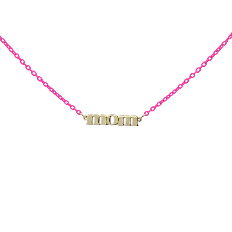 GIROCOLLO SMALTO FUCSIA FLUO E SCRITTA "MOM" ORO - Tangredi Gioielleria