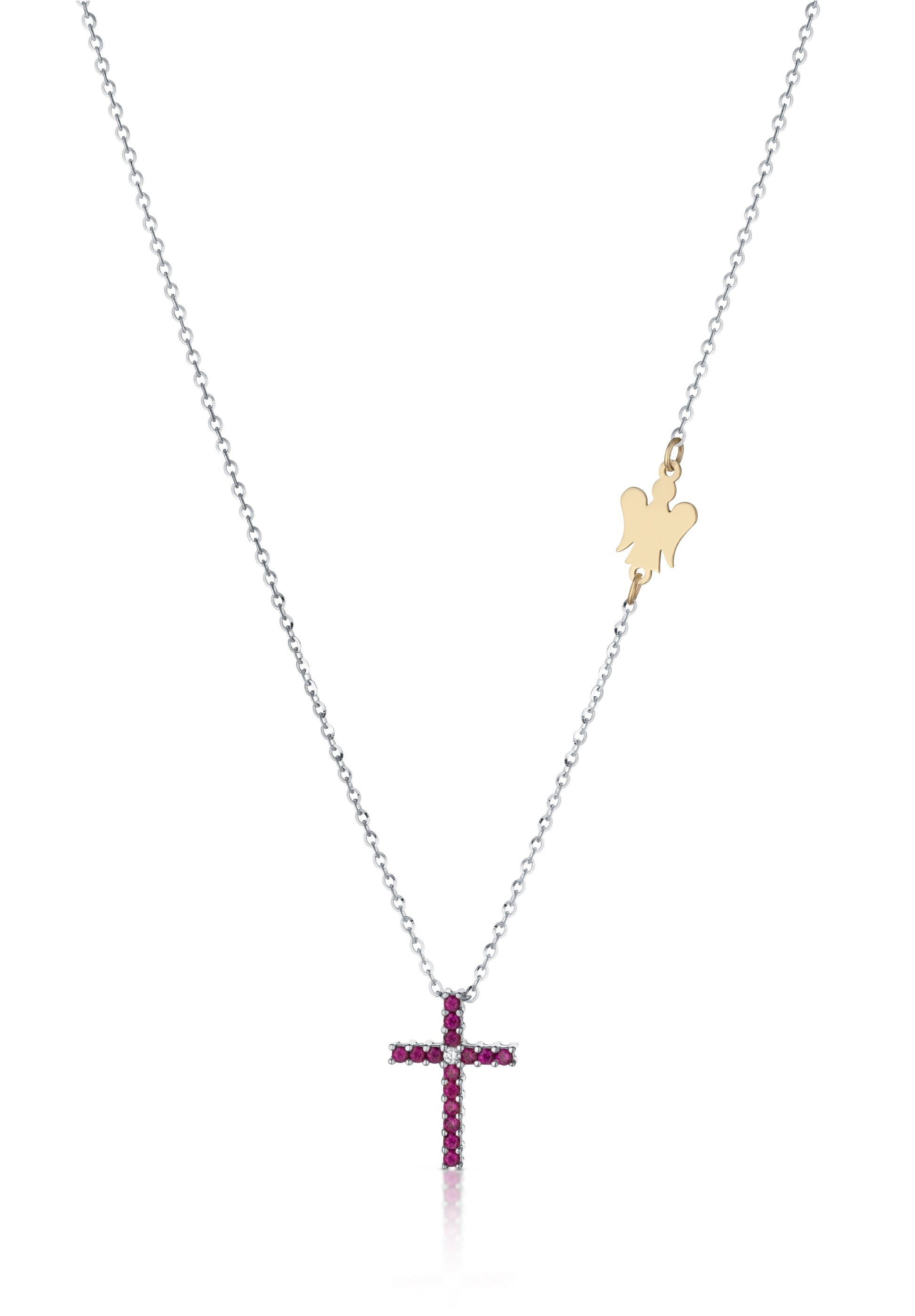 COLLANA CON CROCE IN ORO BIANCO E RUBINI - Tangredi Gioielleria