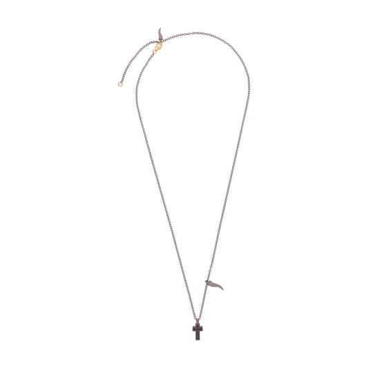 COLLANA TITANIO CHARMS CORNETTO E CROCE DIAMANTI NERI - Tangredi Gioielleria