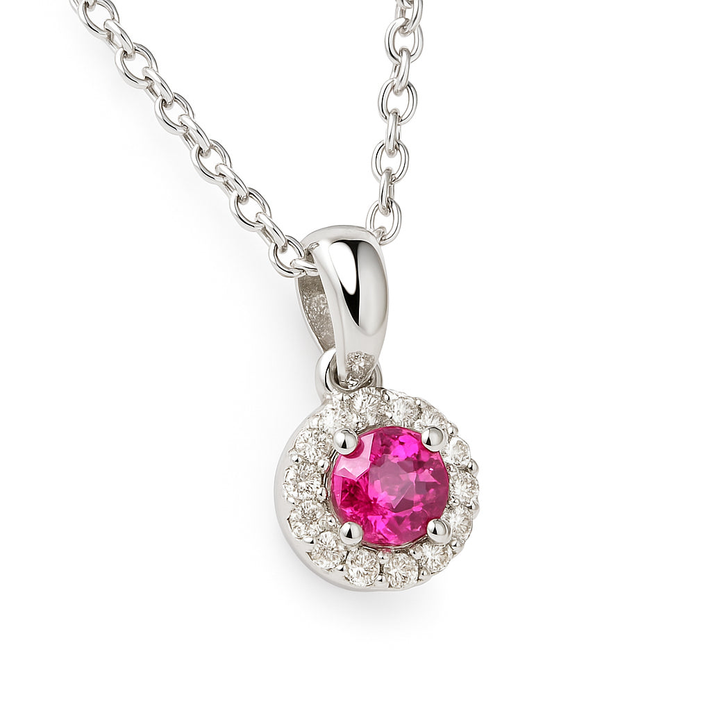 COLLANA ORO BIANCO CON RUBINO E DIAMANTI